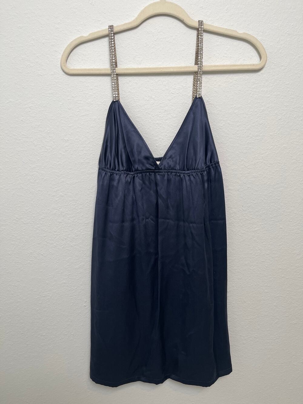 Laundry by Design XS 100% Silk Navy Rhinestone Strap Mini Dress Y2K